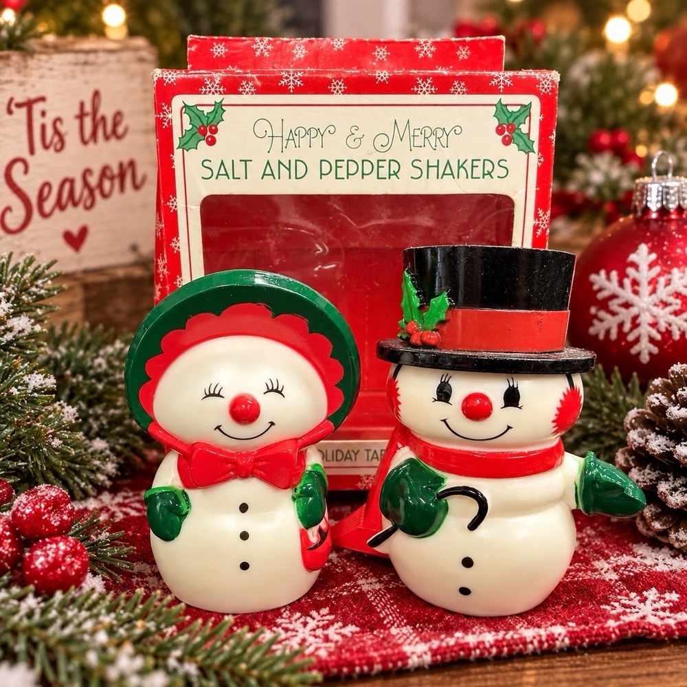 Hallmark Happy & Merry Snowman Salt Pepper Shakers NOS Original Box 3"